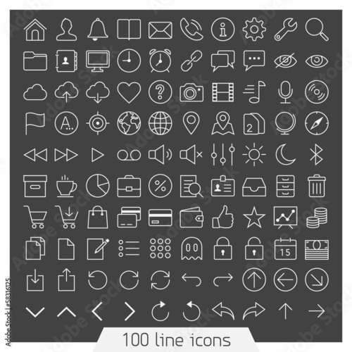 100 line icons for Web and Mobile. Dark version.