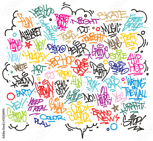 Multiple urban art and graffiti tags, slogans. Vector
