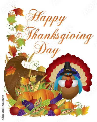 Happy Thanksgiving Day Cornucopia Turkey Illustration