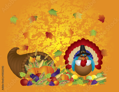 Thanksgiving Day Feast Cornucopia Turkey Pilgrim with Background