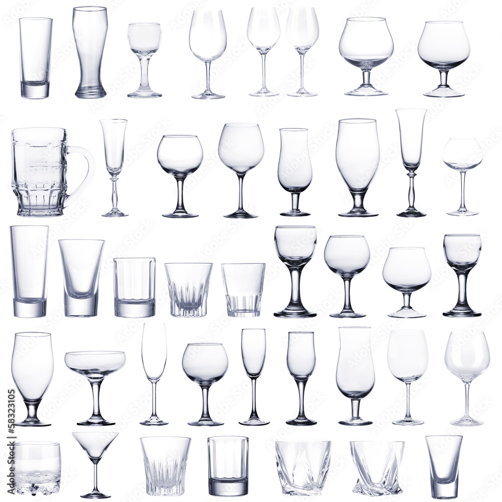 Collage of empty glasses isolated on white Collage of empty glasses isolated on white