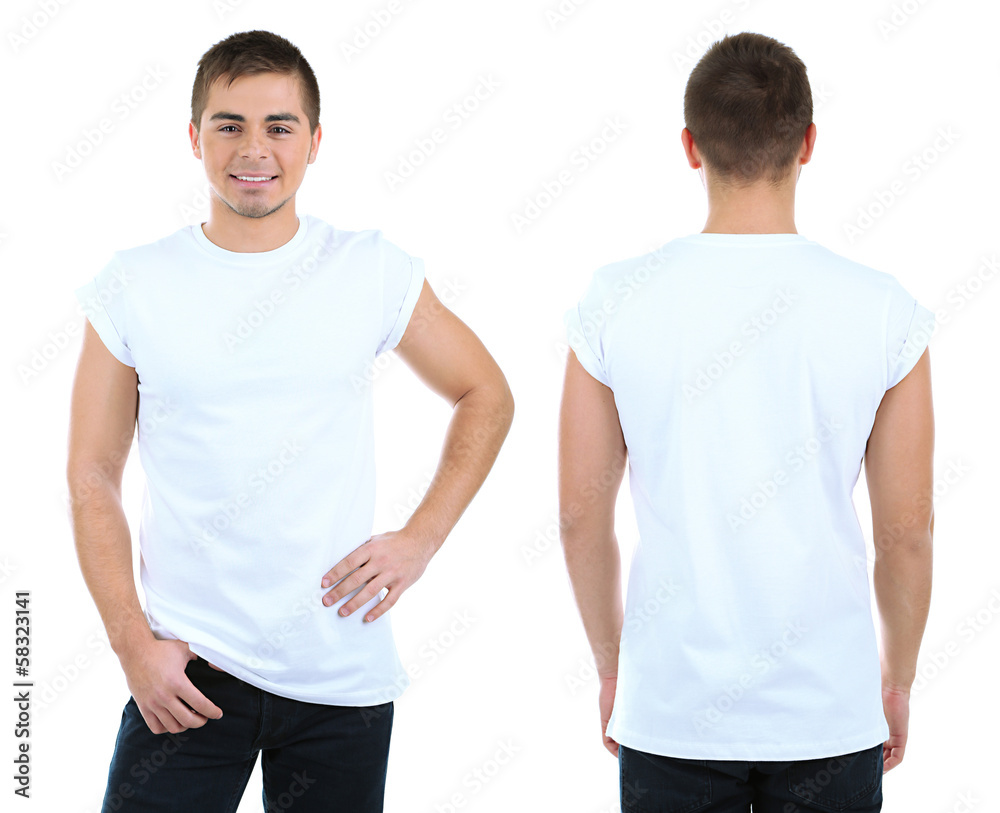 T-shirt on young man in front and behind isolated on white