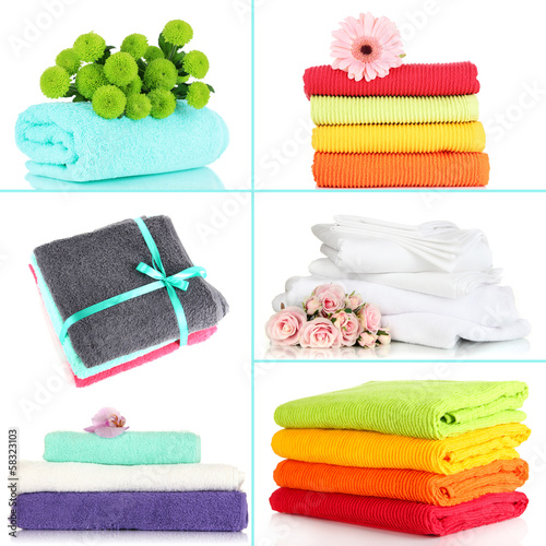 Collage of colorful towels isolated on white