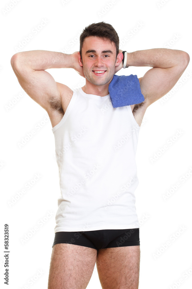 Healthy happy young man thumb up towel isolated Healthy happy young man thumb up towel isolated