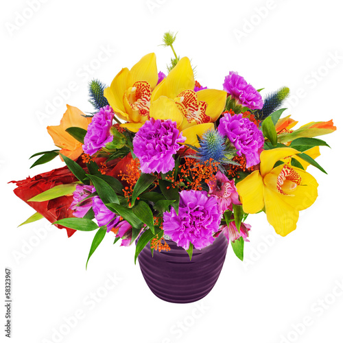 Bouquet of orchids, gladioluses and carnations in glass vase iso photo