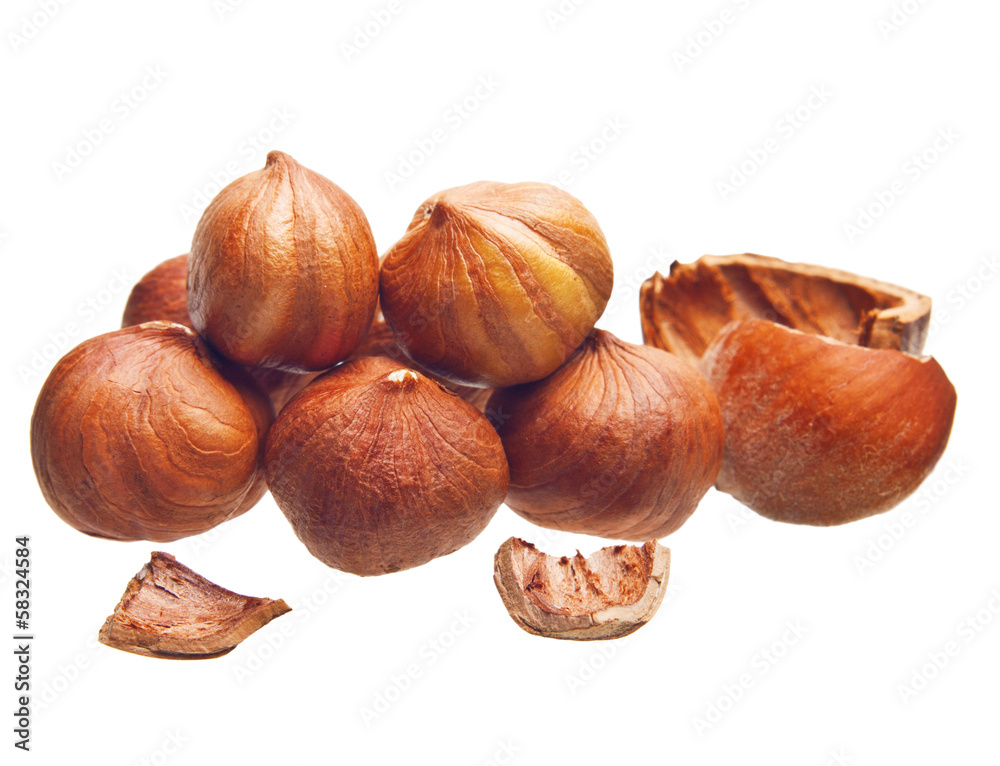 Forest nuts hazelnuts isolated on white background.