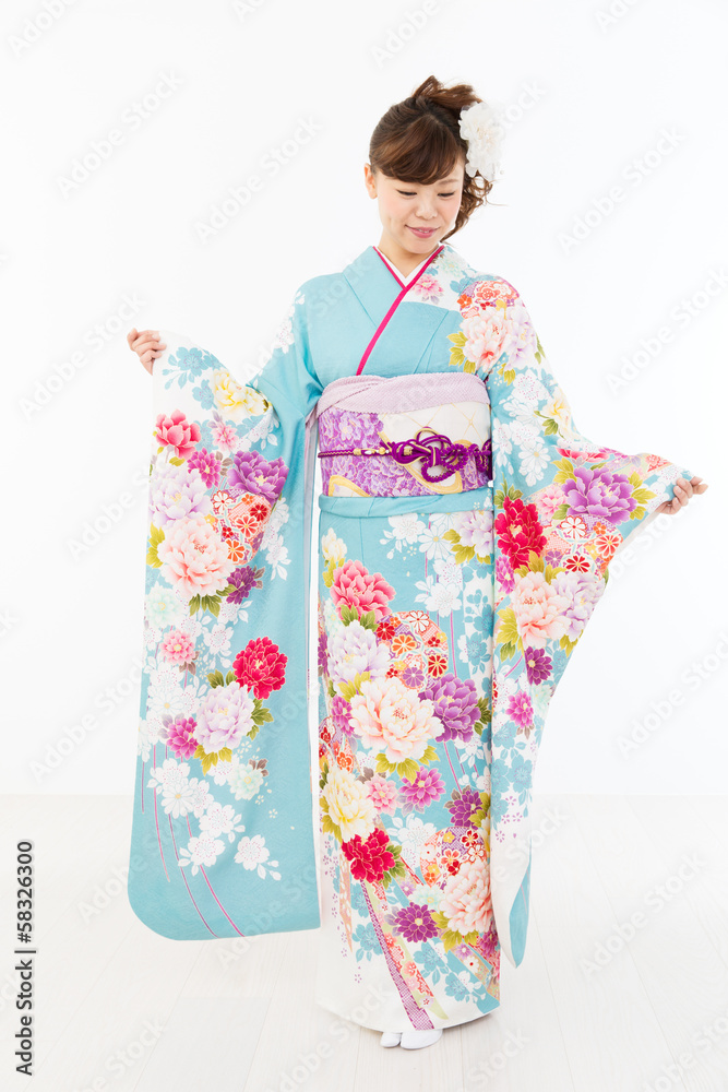 Beautiful asian kimono woman on white background