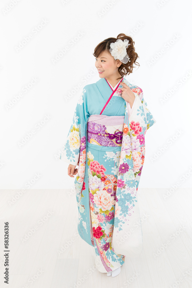 Beautiful asian kimono woman on white background