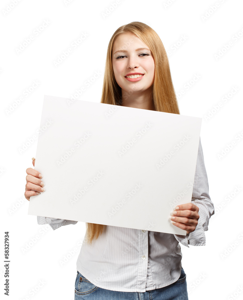 Business woman with card on white background Business woman with card on white background