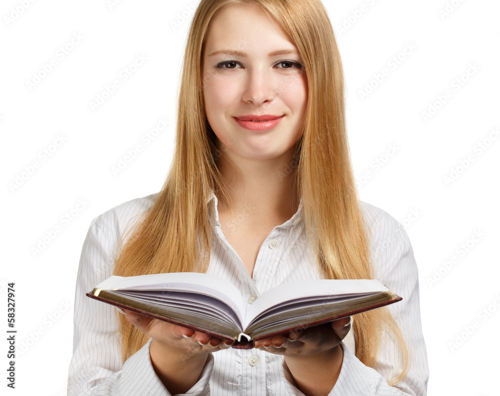 Business woman with personal organizer on white background Business woman with personal organizer on white background