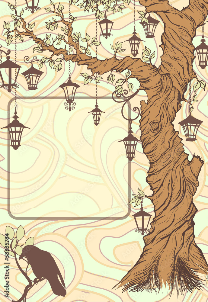 Vintage background with tree and lanterns