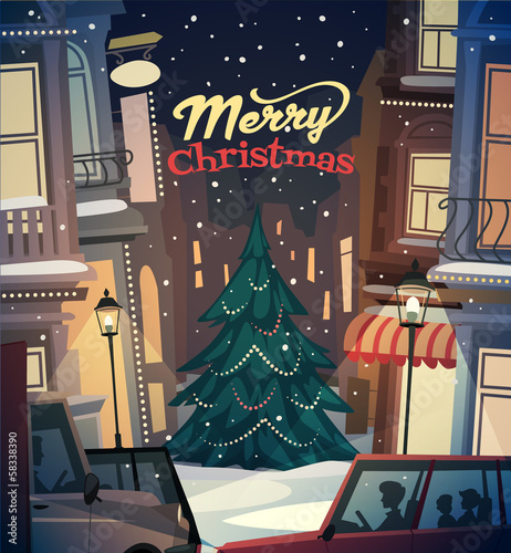 City background. Merry Christmas illustration.