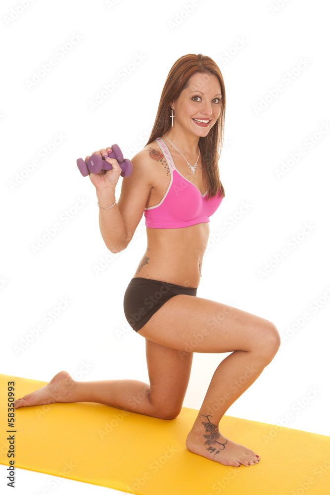 Fototapeta premium Woman pink pra fitness mat kneel smile