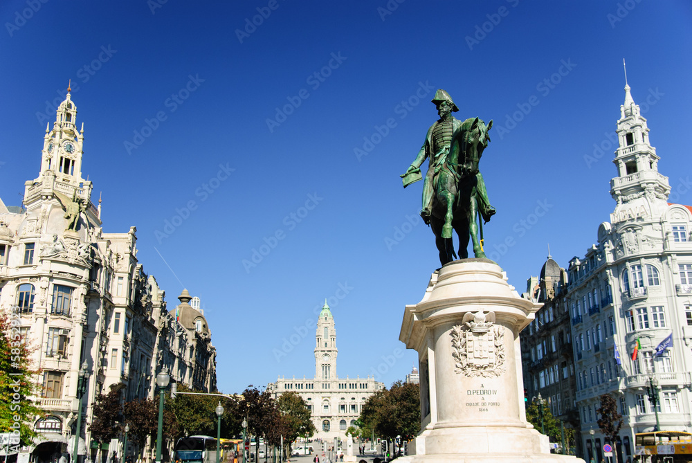 Liberdade square with monument of King Peter IV, Porto, Portugal