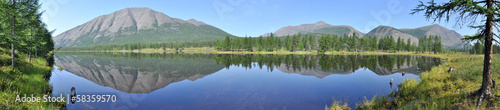 panorama of lake mountains in the background.
