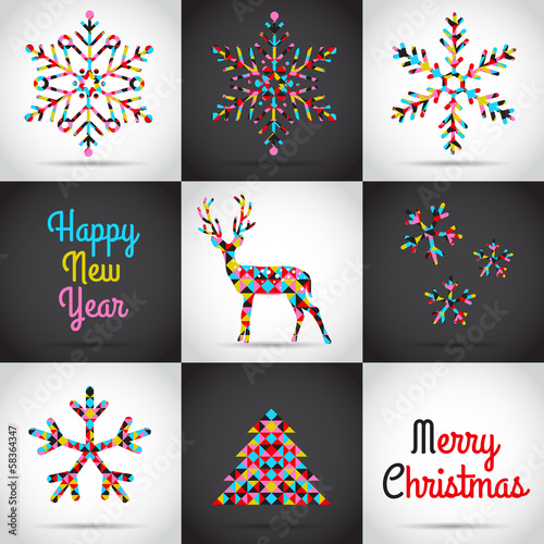Set of vector illustrations with Christmas tree, deer