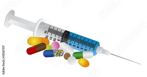 Syringe with Medication Drugs Pills Vector Illustration