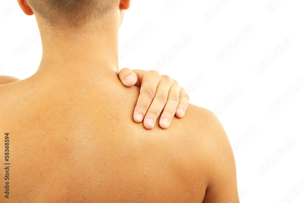 Young man with neck pain, isolated on white Young man with neck pain, isolated on white