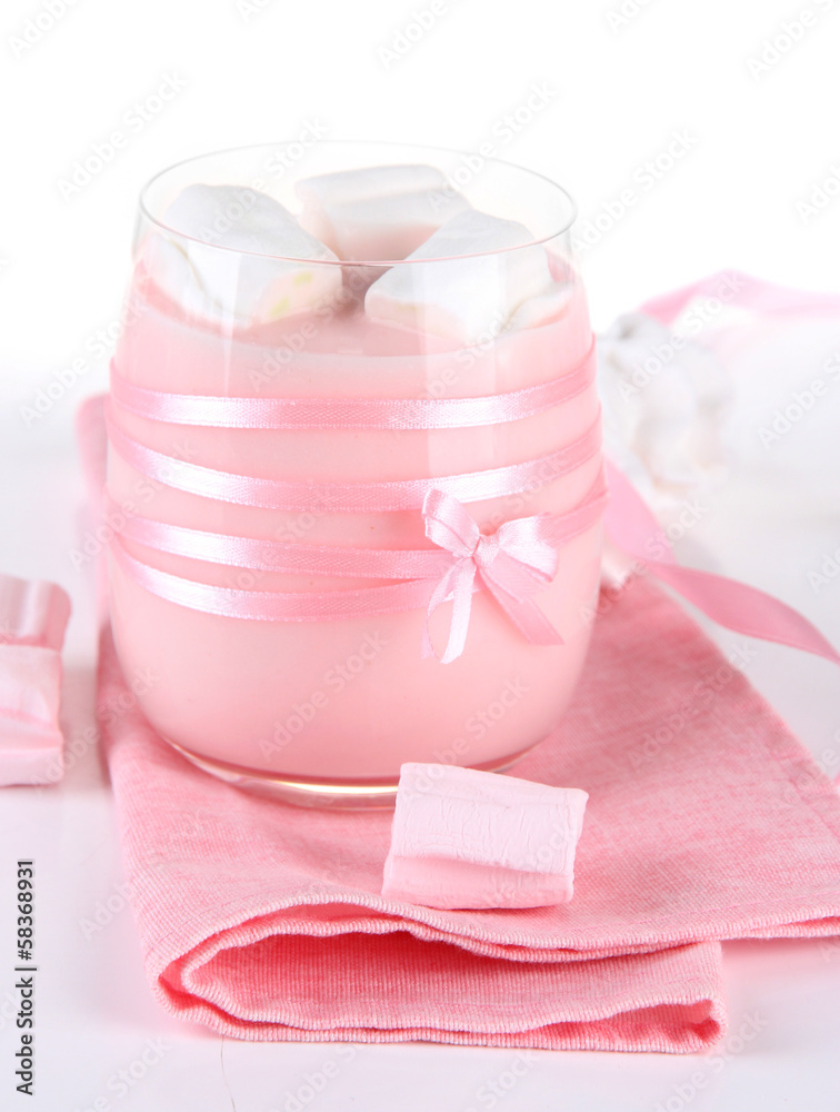 Tasty yogurt with marshmallows, isolated on white