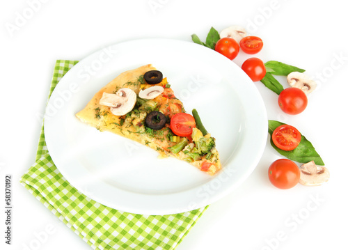 Slice of tasty vegetarian pizza and vegetables