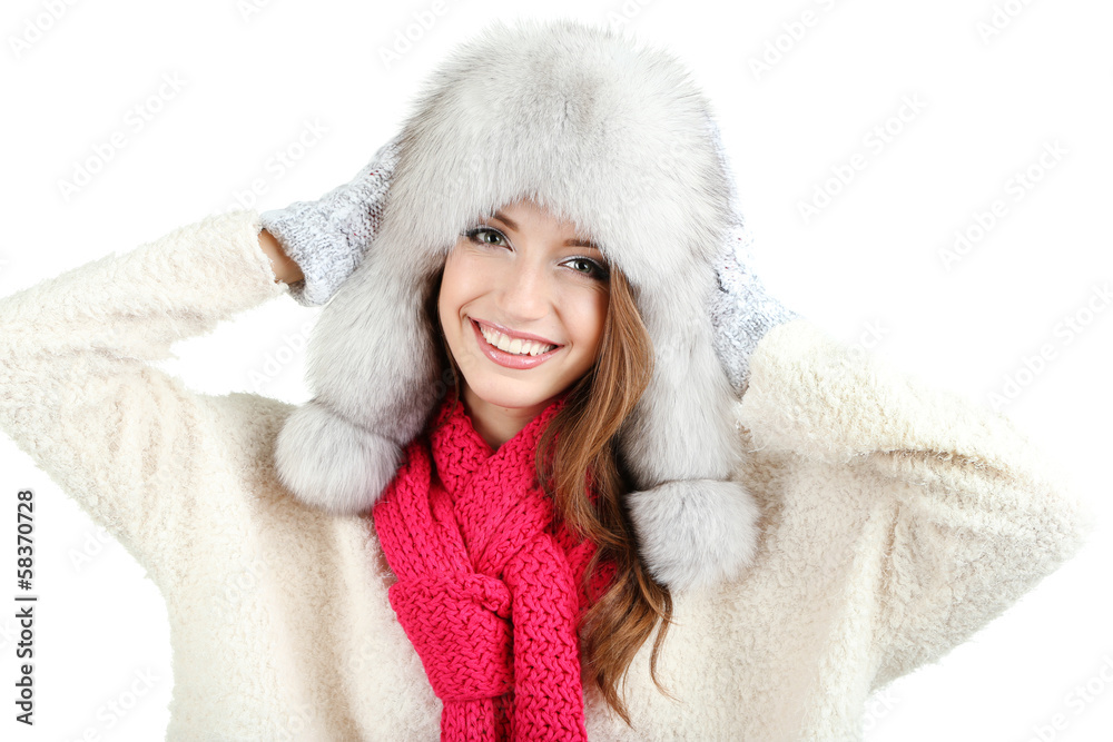 Beautiful smiling girl in hat isolated on white Beautiful smiling girl in hat isolated on white