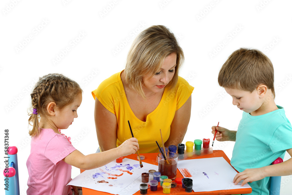 Little children drawing with mom isolated on white Little children drawing with mom isolated on white