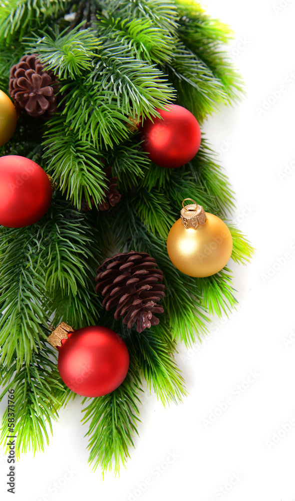 Christmas balls on fir tree, isolated on white Christmas balls on fir tree, isolated on white