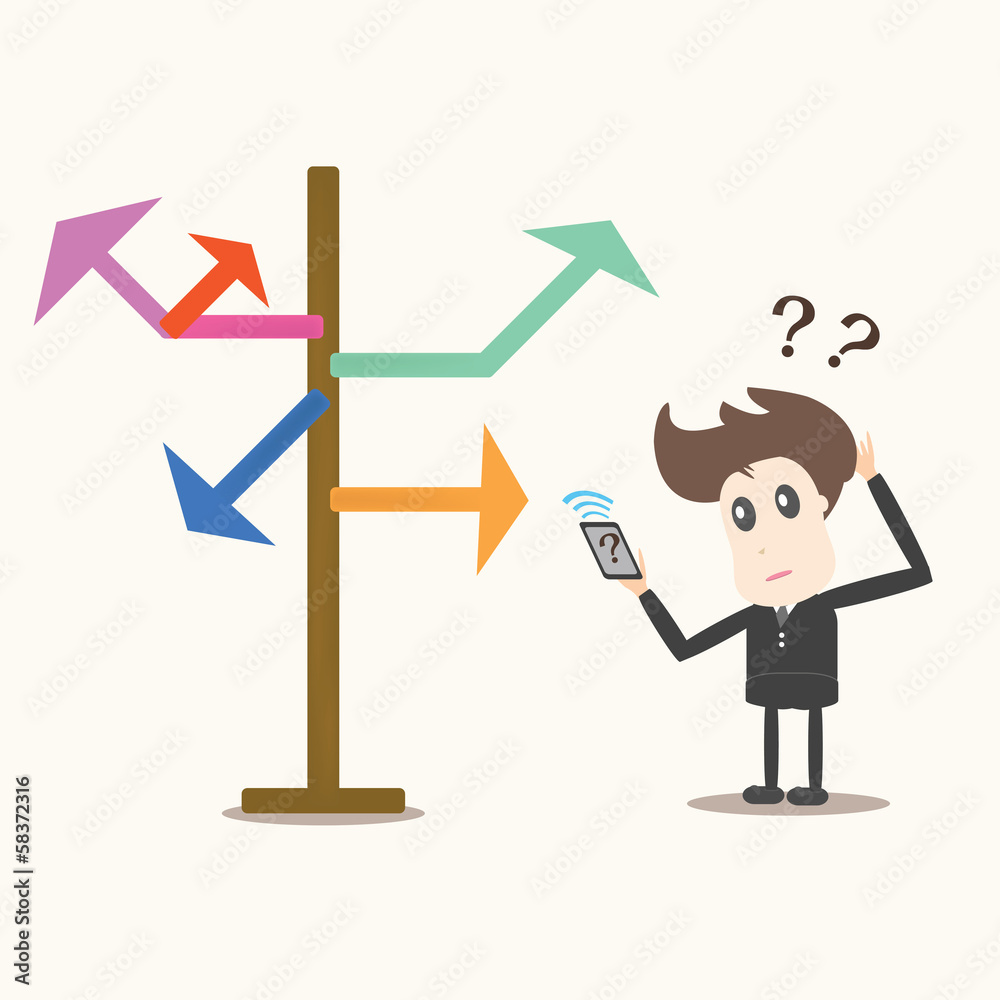 Businessman in front of a choice,direction arrows. Businessman in front of a choice,direction arrows.