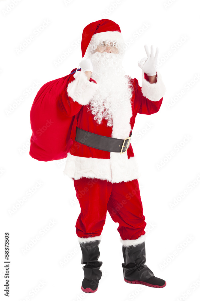merry Christmas Santa Claus holding gift bag with ok gesture merry Christmas Santa Claus holding gift bag with ok gesture