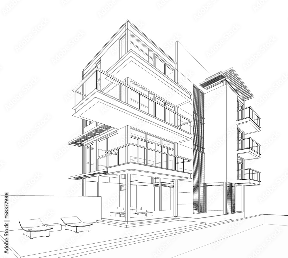 3D wireframe of building 