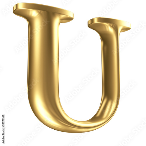 Golden matt letter U in perspective, jewellery font collection