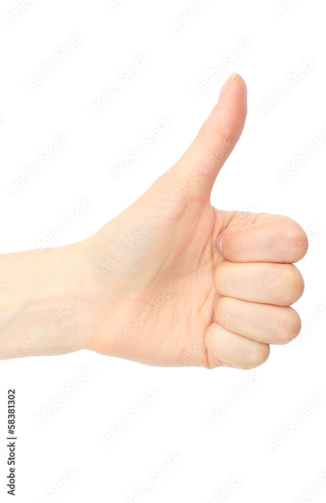 Hand of woman showing thumbs up on white background Hand of woman showing thumbs up on white background