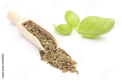 Heap of  basil on wooden spoon and green leaves