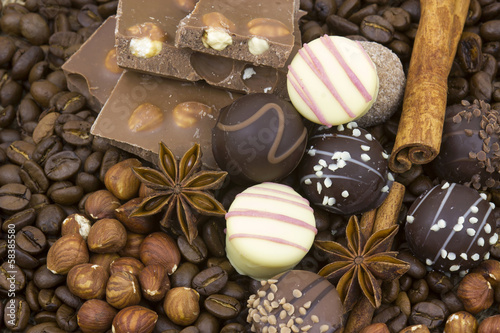 chocolate, coffee, spices and nuts