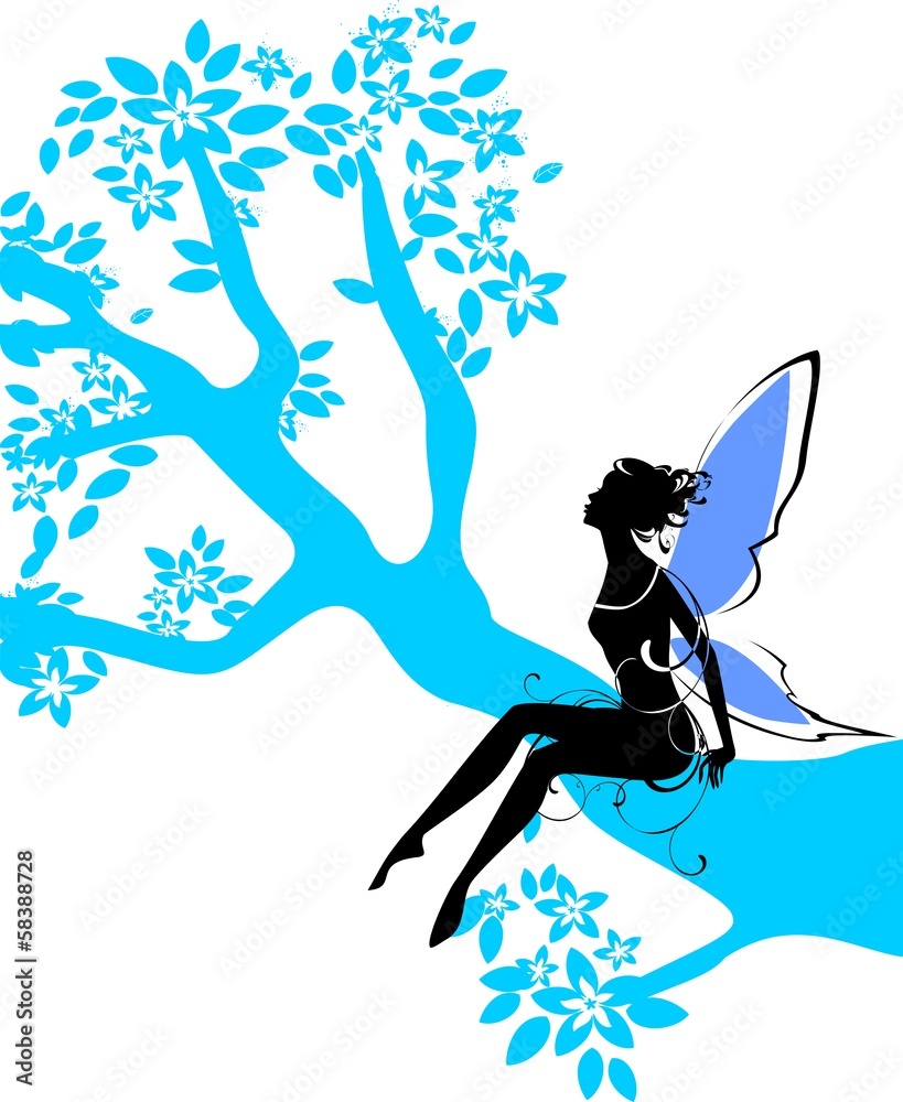 Silhouette of fairy sitting on branch of tree Silhouette of fairy sitting on branch of tree