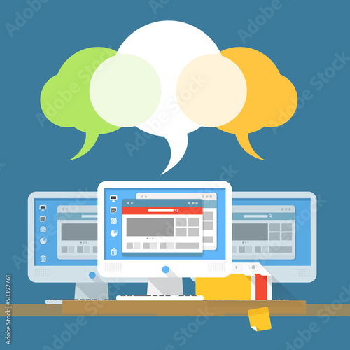 Group of modern computer workstations with speech clouds. Illust