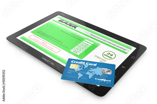 Internet banking service. Tablet PC and credit card