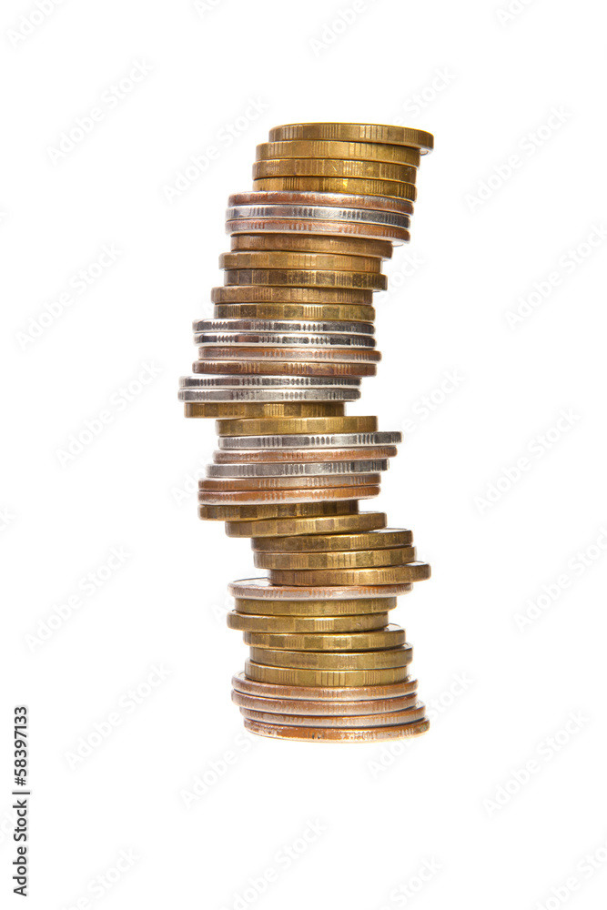 tall stack of coins on white background tall stack of coins on white background