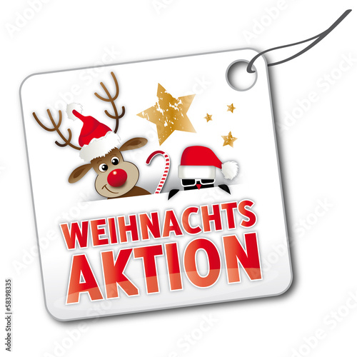 Weihnachts Angebot, Etikett mit Rentier und Pinguin