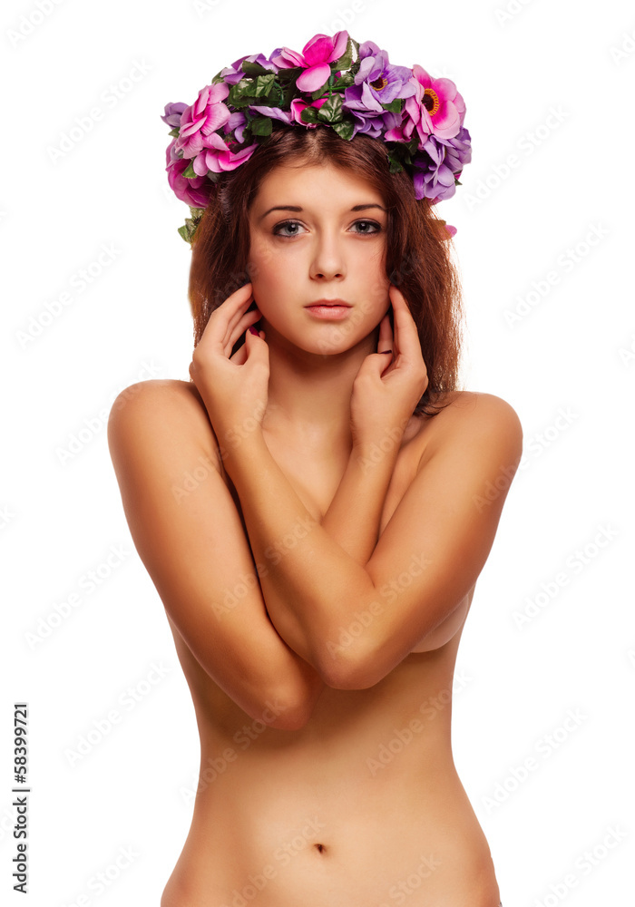 model beautiful woman face close-up head beauty, wreath flowers