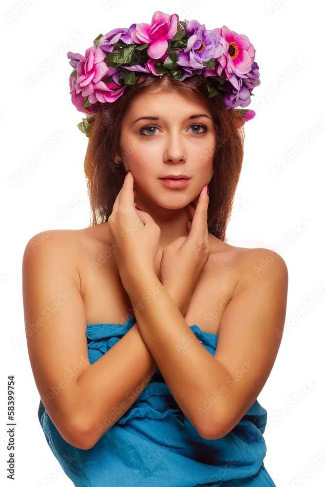 model beautiful woman face close-up head beauty, wreath of flowe