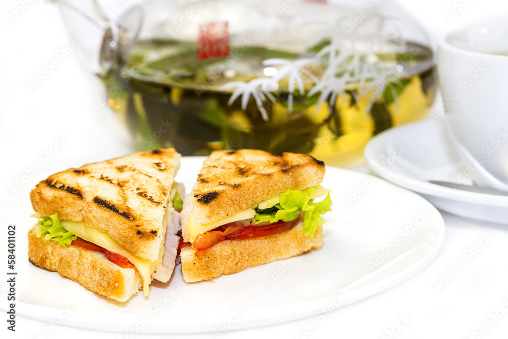 sandwich with tea on a white background in restaurant sandwich with tea on a white background in restaurant