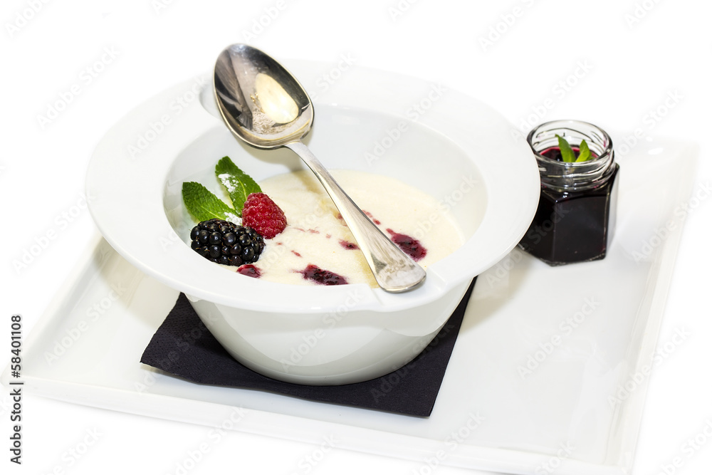 semolina porridge with berries decorated with berry jam semolina porridge with berries decorated with berry jam