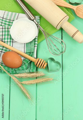 Cooking concept. Basic baking ingredients and kitchen tools