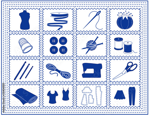 Sewing, Tailoring, Knit, Crochet, Craft Icons, blue stitch frame