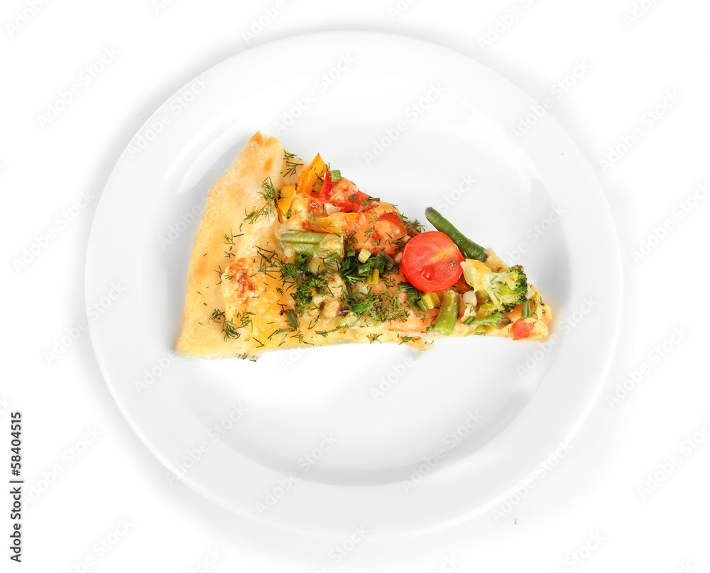 Slice of tasty vegetarian pizza on plate, isolated on white Slice of tasty vegetarian pizza on plate, isolated on white