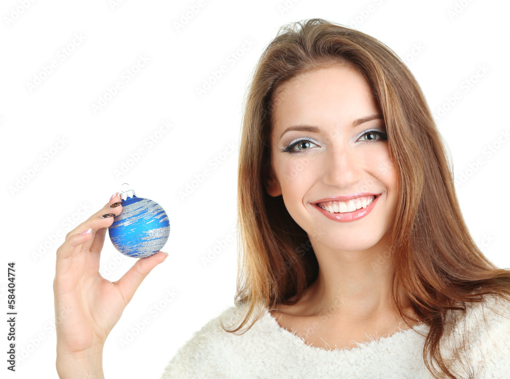 Beautiful smiling girl with Christmas toy isolated on white Beautiful smiling girl with Christmas toy isolated on white