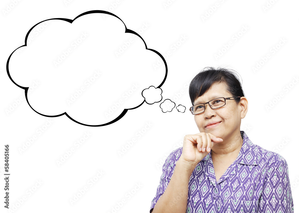 Thinking Asia woman looking up on empty bubble isolated on white