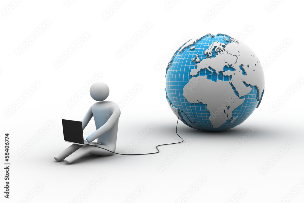 3d man sit near the globe with laptop 3d man sit near the globe with laptop
