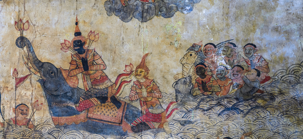 Traditional Thai mural painting of the Life of Buddha on temple